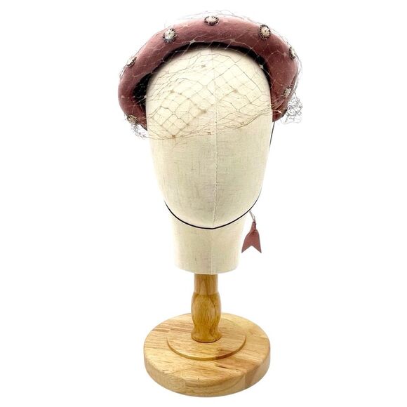 Vintage 1950s Sequin Bead Studded Pink Velour Mesh Veiled Juliet Cap Hat Beret - Picture 6 of 15